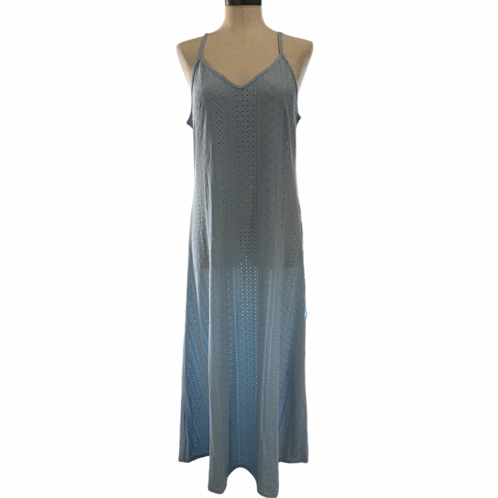 Women's Light Blue Open Knit Eyelet Spaghetti Strap Dress Size L #260550